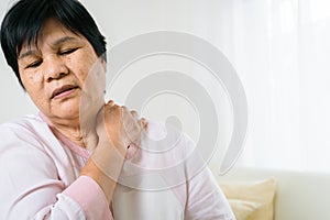 Neck and shoulder pain of old woman, healthcare problem of senior concept