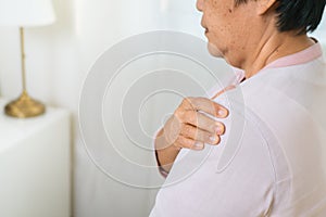 Neck and shoulder pain of old woman, healthcare problem of senior concept