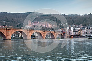 Neckar river, Old Bridge (Alte Brucke) and Heidelberg Castle - Heidelberg, Germany photo