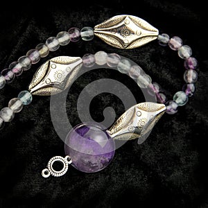 Necklace with amethyst and fluorite beads