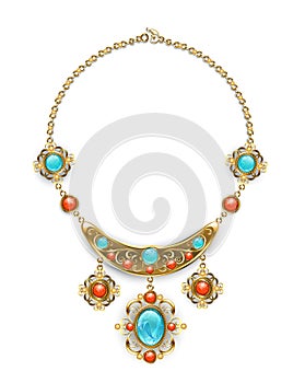 Necklace with blue gems on white background