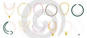 Necklace cartoon set. Decorative jewelry female clipart, isolated beads. Stylish trendy accessories, collier and