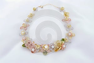Necklace With Chiffon-Like Flowers, Sheer Petals And Akoya Pearls