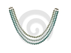 Necklace of colorful glass beads on white background.