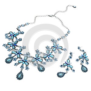 Necklace and ear rings with blue gems