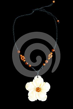 Necklace with Flower and Orange Beads, on Black String