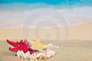 Necklace and starfishes on the sea coast