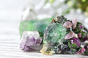 Necklaces with colored stones, jewelry. Close up