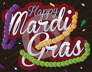 Necklaces Tangled in a Commemorative Mardi Gras Sign, Vector Illustration