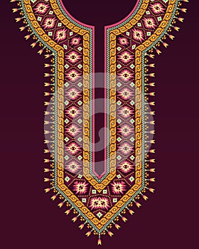 Neckline design with Navajo ethnic patterns on dark purple backgroud for Indian kurta.