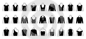 Neckline types. Different necklines of dresses, t-shirts, shirts and sweatshirt. Women dummy various neck line type photo