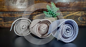 neckties on the table on wooden background. classic style