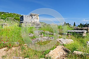 Necropolis, city of dead in Hierapolis, Pamukkale, Turkey. Nature landscape