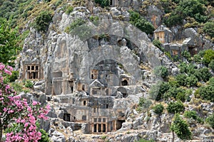 Necropolis of Lycian rock-cut tombs of the ancient city of Myra in Turkey