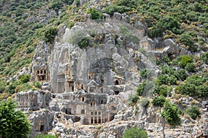 Necropolis of Lycian rock-cut tombs of the ancient city of Myra in Turkey