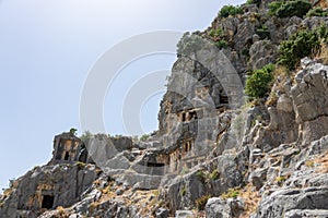 Necropolis of Lycian rock-cut tombs of the ancient city of Myra in Turkey