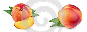 Nectarine fruit and half with leaf isolated on white background cutout