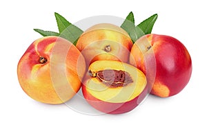 Nectarine fruit and half with leaf isolated on white background cutout
