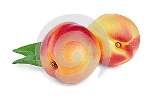 Nectarine fruit with leaf isolated on white background cutout