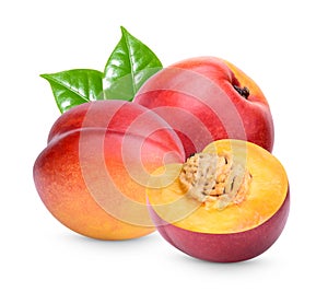 Nectarine with leaves isolated on white bsckground