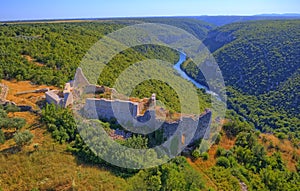 Necven fortress remains on the west side of mountain Promina in Croatia, aerial