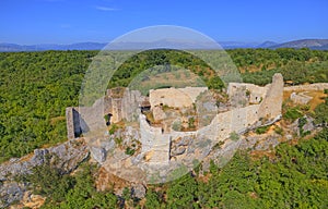 Necven fortress remains on the west side of mountain Promina in Croatia, aerial