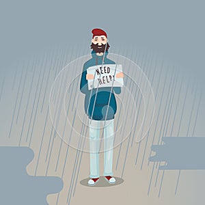 Need help. Sad man is standing in the rain.