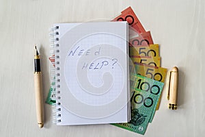 `Need help` text on notepad and australian dollars