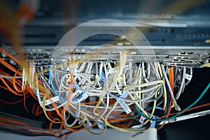 In need of some cable management. High angle shot of cables inside of a server room.