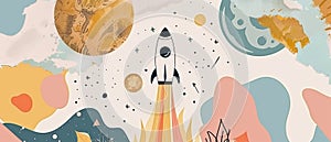 Need some space slogan graphic with rocket and space modern illustrations. Print on t-shirts. Doodle lettering and