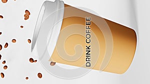 Need to focus - Drink coffee Floating cup falling beans 3D animation 4K. Energy sip Coffee to go