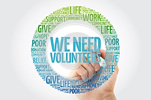 WE NEED VOLUNTEERS word cloud collage with marker, social concept background