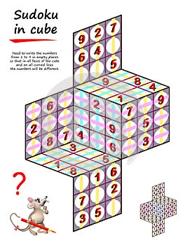 Need write numbers from 1 to 9 in empty places so that in all faces of cubes and on all curved lines they will be different.