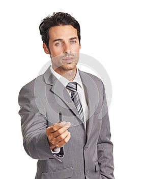 We need your input. A stern businessman offering you his pen while isolated on a white background.