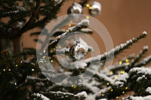 Needle of a fir tree decorated with silver toys and and fake snow at home - perfect for background