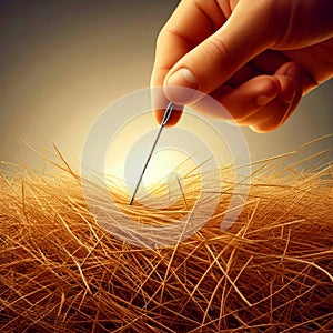 Needle in a haystack. Close up of a needle in haystack