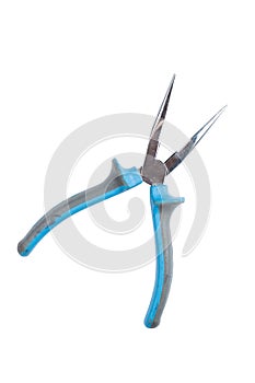 Needle Nose Pliers or pointy pliers, long nose pliers isolated on a white background. Closed blue pliers. Path saved.