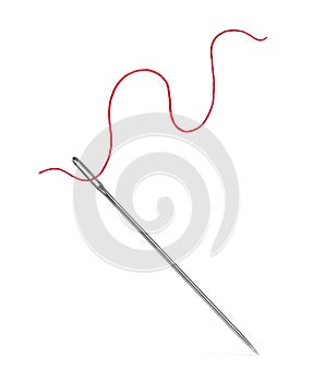 Needle and red thread isolated on white