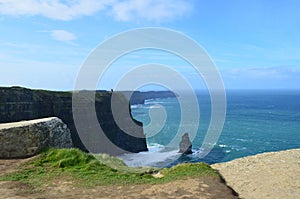 Needle Rock Formation with Blue Skies on the Cliff`s of Moher