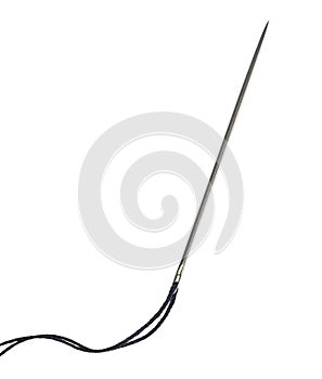 Needle for sewing and black thread, large detailed macro closeup, isolated