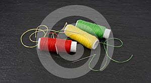 Needle and thread. Needlework object, color cotton thread spool and needle