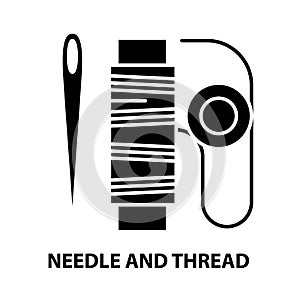 needle and thread symbol icon, black vector sign with editable strokes, concept illustration