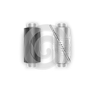 Needle and Threads. Silver needle, stack of 2 spools of Black and White thread, isolated on white background for sewing, tailoring