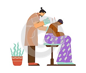 Needle treatment, acupuncture doctor and patient, flat vector on white