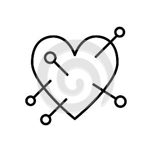 Needles in heart line icon. Heart with voodoo pin vector illustration isolated on white. Heart with straight pin outline
