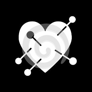 Needles in heart solid icon. Heart with voodoo pin vector illustration isolated on black. Heart with straight pin glyph