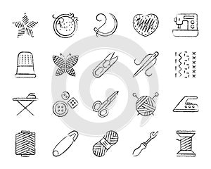 Needlework charcoal draw line icons vector set
