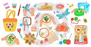 Needlework craft tools vector illustration set, cartoon flat tailor crafting accessories collection with sewing supplies