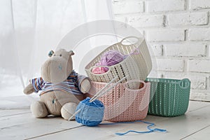 Needlework handmade Leisure concept, home organizers colored baskets with accessories