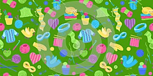 Needlework seamless pattern. Knitting with yarn, knitting needles, mittens and animals. Cute bright childish